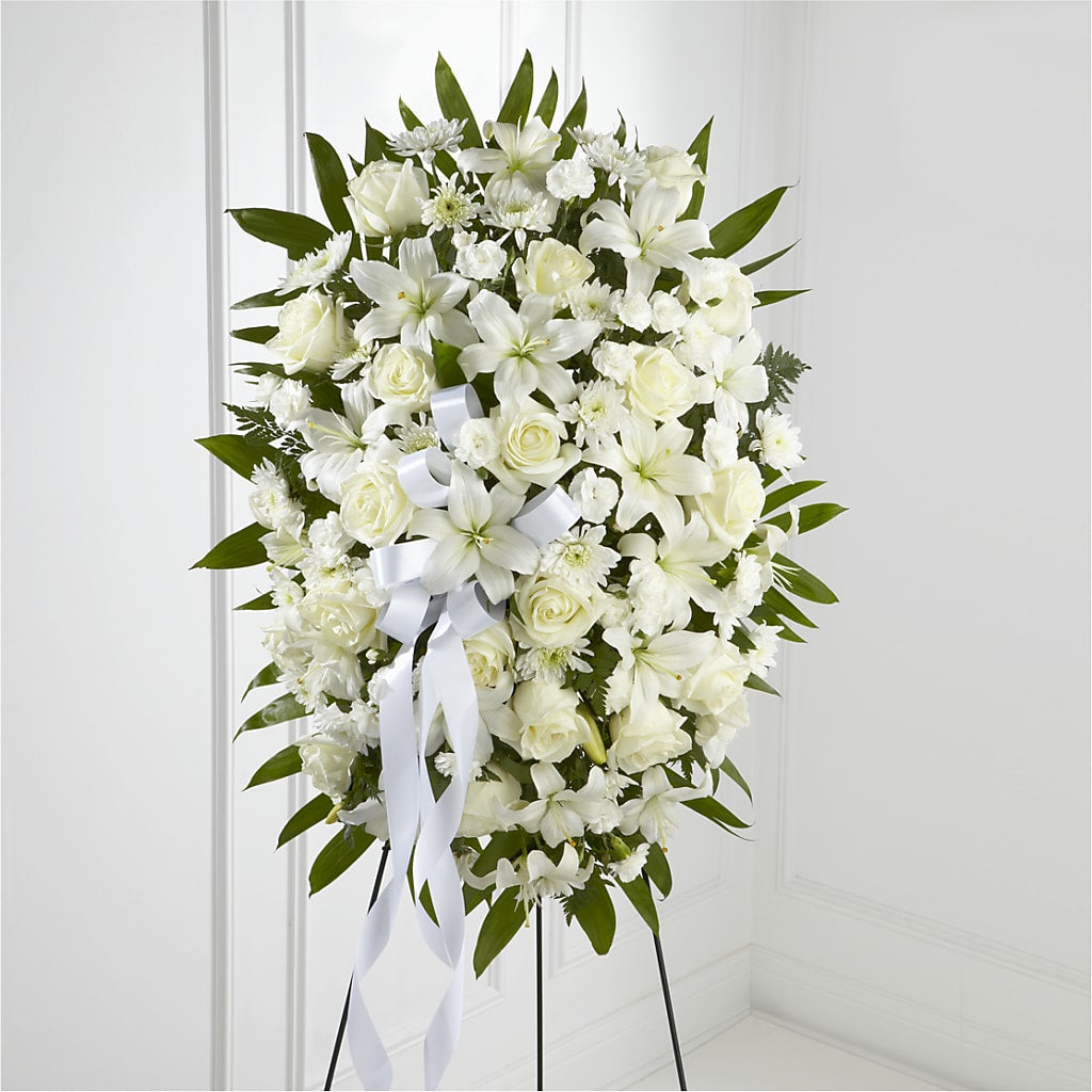 Exquisite Tribute Standing Spray-White Ribbon – KELLEN'S FLORIST INC, Hobart IN