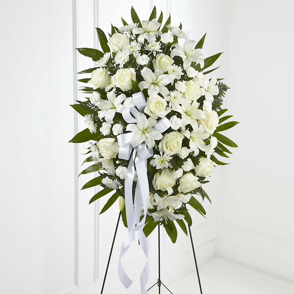 Exquisite Tribute Standing Spray-White Ribbon – KELLEN'S FLORIST INC, Hobart IN